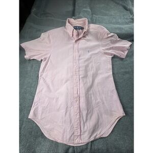 Ralph Lauren Seersucker Shirt Size M Short Sleeve Pink White Striped Button Down